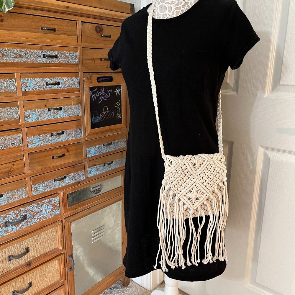 Crochet Boho Chic Woven Rope Tassel Crossbody -Ivory - NWT
